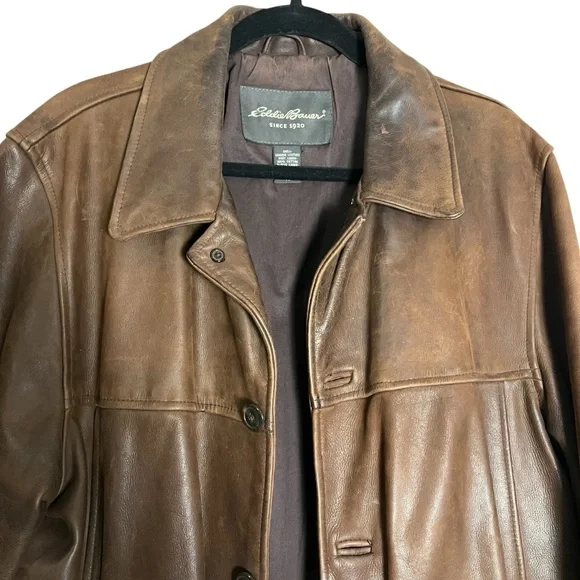 Vintage 90’s Eddie Bauer Men's Brown Oversized Leather Distressed Jacket — M - Picture 3 of 14